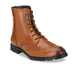Hirels Men Tan-Brown Perforations PU High-Top Brogue Boots-picture-26