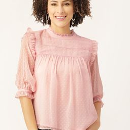 Antheaa Pink Dobby Weave Puff Sleeves A-Line Top-image-36