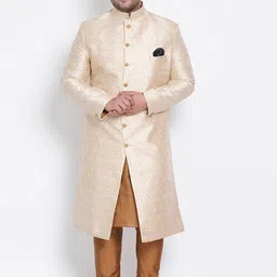Hangup Men Plus Size Beige & White Printed Sherwani-picture-18