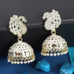 ANIKAS CREATION Gold-Plated White Enamelled Peacock Shaped Lightweight Jhumkas-picture-17