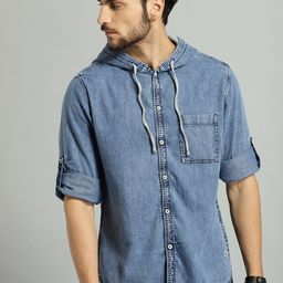 Roadster Men Blue Casual Hooded Denim Sustainable Shirt-image-104