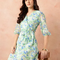 all about you Floral Print Puff Sleeves Wrap-Style A-Line Dress-image-50