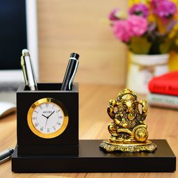 Archies Black & Gold-Toned Ganesha Rectangle Solid Analogue Table Clock-17