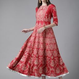 W Maroon & Gold-Toned Ethnic Motifs Keyhole Neck Ethnic A-Line Midi Dress-image-73