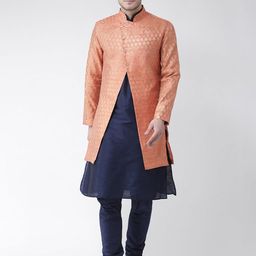 DEYANN Men Orange & Navy Blue Sherwani With Achkan-image-48