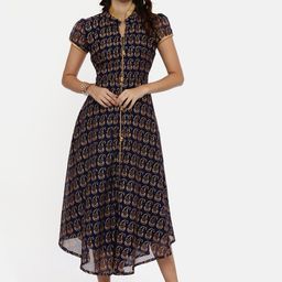 Souchii Women Navy Blue & Gold Floral Print Fit and Flare Dress-image-90