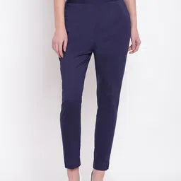 RIVI Women Navy Blue Slim Fit Solid Regular Trousers-image-42