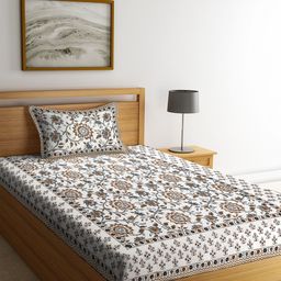 Rajasthan Decor White & Yellow Floral 144 TC Cotton 1 Single Bedsheet with 1 Pillow Covers-image-44