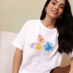 Mast & Harbour Floral Printed Drop-Shoulder Sleeves Pure Cotton Boxy T-shirt-picture-36