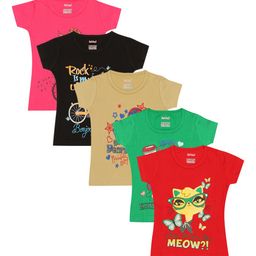 Kiddeo Girls Pack of 5 Multicoloured Printed Round Neck Pure Cotton T-shirts-image-50
