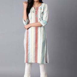 W Women White Striped Thread Work Floral Kurta-picture-27