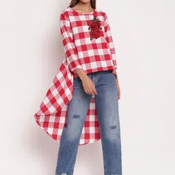 AKIMIA Women's Red & White Checked Cotton Tunic-13