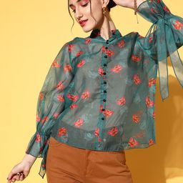 Antheaa Women Deep Teal Floral Sheer Top-image-62