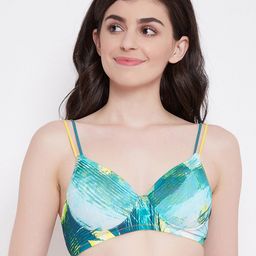 Clovia Blue & Yellow Printed Non-Wired Lightly Padded T-shirt Bra BR1067G0832E-40