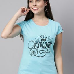 Bushirt Women Blue Typography Printed Extended Sleeves Applique T-shirt-picture-2