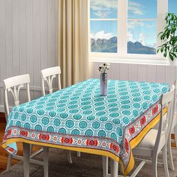 BLANC9 White & Sea Green Floral Printed Rectangular Cotton Table Cover-26