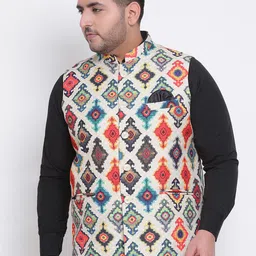 hangup plus Men Cream-Coloured & Orange Woven-Design Nehru Jacket-53