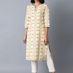 W Women Yellow Floral Striped Kurta-image-80