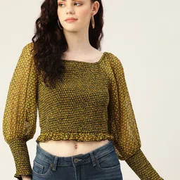 Antheaa Black & Mustard Printed Smocked Chiffon Crop Top-picture-36