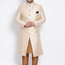 Hangup Men Beige & Copper-Coloured Woven-Design Sherwani-image-4