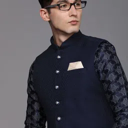 Manyavar Men Navy Blue Woven Design Nehru Jacket-image-77