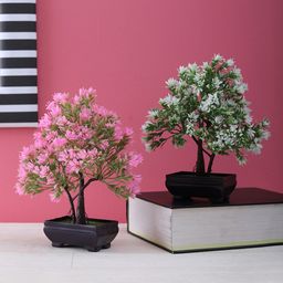 FOLIYAJ Set of 2 Multicoloured Artifical 2-Trunk Bonsai Tree With Pot-7