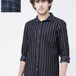 HIGHLANDER Men Navy Blue & Olive Green Slim Fit Striped Reversible Casual Shirt-image-61