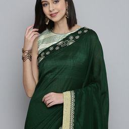 HERE&NOW Green Embroidered Silk Blend Saree-image-92