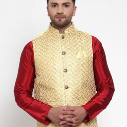 Jompers Men Yellow & Gold-Coloured Embroidered Nehru Jacket-29