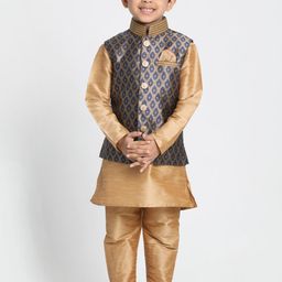 VASTRAMAY Boys Beige Blue Solid Kurta Set-26
