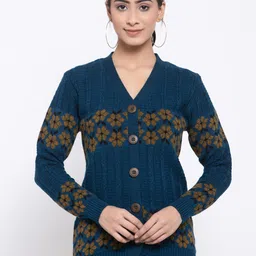 Kalt Women Blue Self Design Cardigan Sweater-image-12