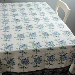 Rajasthan Decor White & Blue Floral Printed Sustainable Table Cover-57