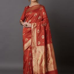 Mitera Orange & Gold-Toned Silk Blend Woven Design Kanjeevaram Saree-image-58