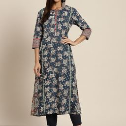 Rain & Rainbow Women Navy Blue Pure Cotton Floral Print Kurta-13