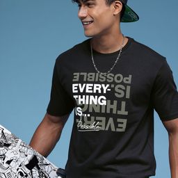 HERE&NOW Pure Cotton Typography Printed Relaxed Fit T-shirt-image-96