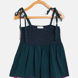 KIDKLO Girls Teal Blue Smocked Regular Top With Pom Pom Detail-image-48