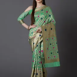 Mitera Sea Green & Gold-Toned Silk Blend Woven Design Kanjeevaram Saree-picture-34