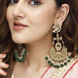 Rubans 18K Gold-Plated Big Chandbali Earrings with Bottle Green Beads & Pearl Accents-20