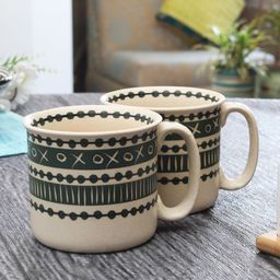 MIAH Decor Off-White & Green Set of 2 Handpainted Ceramic Coffee Mugs-44