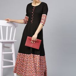 Idalia Women Black & Pink Printed Detail Anarkali Kurta-13