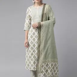 Ginni Arora Label Printed Gotta Patti Pure Cotton Kurta With Trousers & Dupatta-image-57