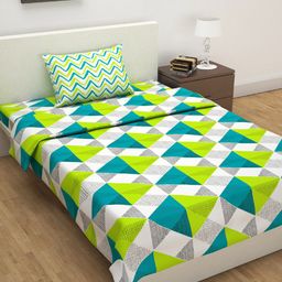 Divine Casa Unisex Green & White Geometric Single Bed Bedsheet With Pillow Cover & Dohar-9