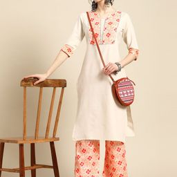 Sangria Women Off White Floral Yoke Design Regular Gotta Patti Kurta with Palazzos-6