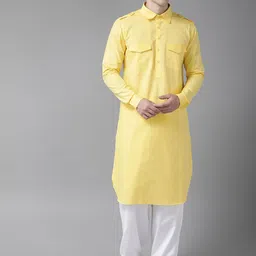 See Designs Men Yellow & White Pure Cotton Solid Pathani Kurta with Salwar-image-71