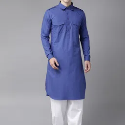 See Designs Men Blue & White Pure Cotton Solid Pathani Kurta with Salwar-image-63