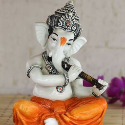 eCraftIndia White & Orange Lord Ganesha Playing Flute Showpiece-image-58