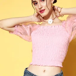 Antheaa Women Pretty Pink Solid Sheer Top-picture-55