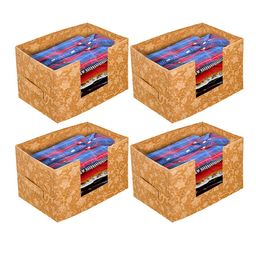 Kuber Industries Set Of 4 Beige Metallic Printed Shirt Stacker Organisers With Handles-9