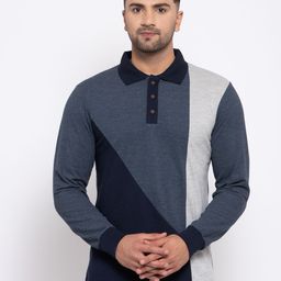 Kalt Men Navy Blue Colourblocked Polo Collar T-shirt-picture-3