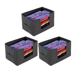 Kuber Industries Set Of 3 Black Solid Shirt Stacker Organisers With Handles-8